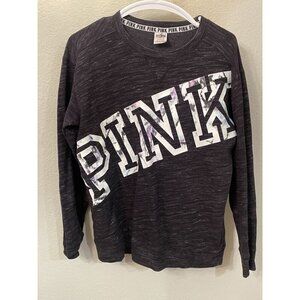 PINK Victoria's Secret Varsity Crew Sweatshirt Small Spellout Gray-black Preppy‎